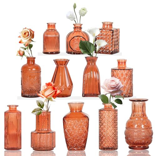 Kleine Glasvasen Set von 12, für Tischdekoration, Hochzeit, Empfang, Zuhause, Vintage-Flaschen, Braun, Dekorative Glasvasen mit Deckeln(12, Braun)
