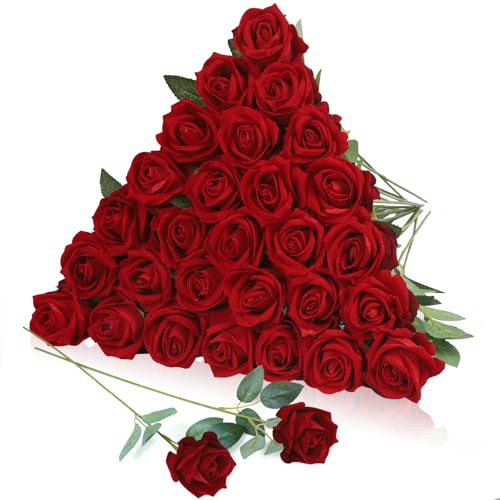 30 rose artificiali in velluto di seta, colore bordeaux, rose finte rosse con stelo lungo, realistiche, a stelo singolo, per matrimoni, centrotavola, addio al nubilato, feste, decorazioni per la casa