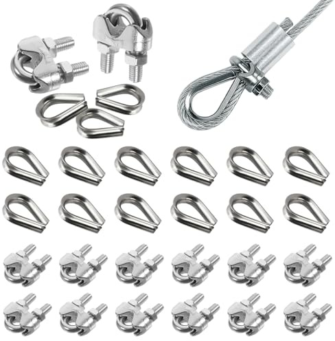 Prmape 24 Pezzi Morsetti per Cavo Acciaio, 12pcs Morsetti per Filo Stendibiancheria 3mm, a Forma di U Morsetti per Fune Metallica e 12pcs Ditale Cavo Acciaio per Fune Metallica 3mm