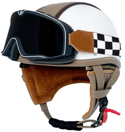 Casco Jet Moto Vintage Caschi Cromwell Omologato ECEDOT Mezzo Pelle Casco Da Motociclista Con Occhiali Casco A Scodella Per Uomo Donna Scooter Street Cruiser 8,M:57-58CM