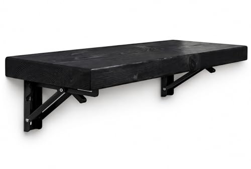 MKGT Rustic Folding Wall Mounted Breakfast Bar Table – Space Saving Fold Down Shelf Desk with Heavy Duty Brackets for Kitchen & Small Spaces (Black, 140cm)