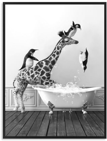 Dazzlewall Funny Bathroom Wall Art Giraffe and Penguins Jump in Bathtub Print, Black and White Animal Picture for Bathroom Toilet Decor 12×16 in Unframed