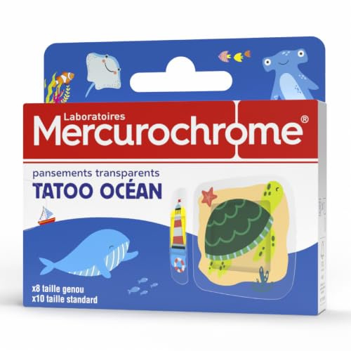MERCUROCHROME Pansements Tatoo Océan, Résistant à l'eau, Enfant - 12 unités