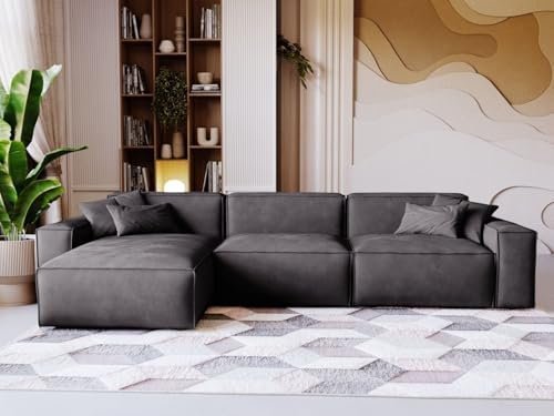 GRAINGOLD Arizona Ecksofa 265x180 cm, L-Form Sofa, Ecksofa für Wohnzimmer, Velour, 3-Sitzer Eckcouch, Modernes Design (Dunkelgrau, Links)