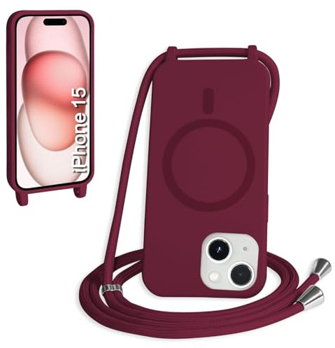 FNPCUON Cover Magnetica Silicone per iPhone 15 con Cordino,Compatibile con MagSafe,Custodia con Laccio Collana Tracolla Collo Sottile TPU Antiurto Protettiva Case con Corda.Rosso