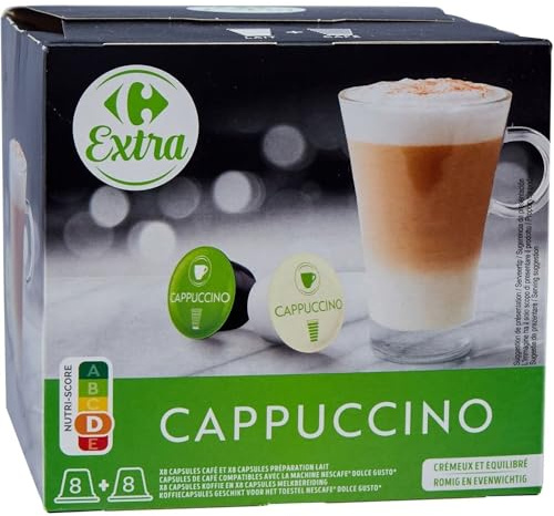 CARREFOUR EXTRA – Cappuccino Onctueux en Capsules Compatibles Dolce Gusto, Saveur Intense (Boîte 16x164g) - Le Lot De 3