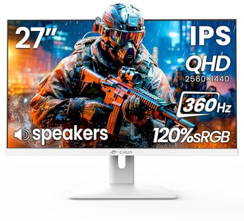 CRUA - Monitor da gioco da 27 pollici a 360 Hz, 2K QHD 2560 x 1440 IPS Pannello bianco Monitor per computer con altoparlanti integrati, compatibile con AMD FreeSync, 120% sRGB, filtro luce blu