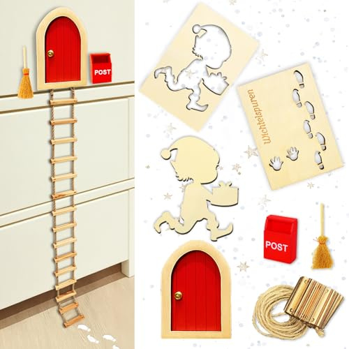 Wichtel Zubehör, Wichtelschablone Fußabdrücke, Wichtel Zubehör Set Weihnachten – Wichteltür Set mit Leiter, Postkasten, Mini Besen& Wichtel Fußspuren Schablone, für Adventszeit & perfekte Geschenkidee
