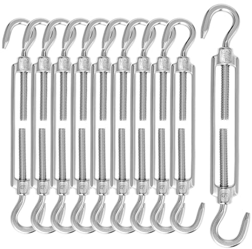QWORK® 10 Pcs M6 Screw Fastener Tensioner, 304 Stainless Steel Turnbuckles, Adjustable Hook And Hook Set