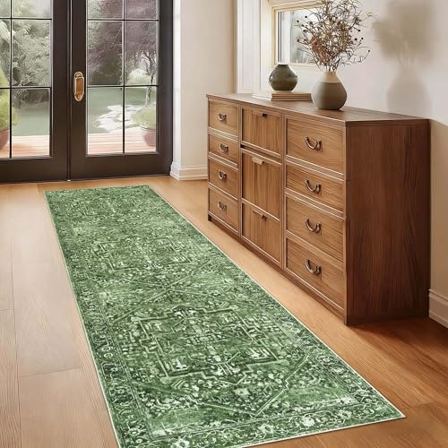 Homcomodar Runner Rugs for Hallway 65x240cm Kitchen Rugs Non Slip Washable Low Pile Carpet Runners for Hallways Bedroom Entryway Kitchen Laundry Room Non Shedding Green