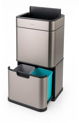 FLINQ Senzaro Poubelle Tri Sélectif 60L - Acier Inox | 3 compartiments (2x12L + 36L) | Automatique pour cuisine | Séparation des déchets