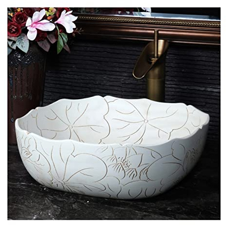 Vessel Sinks Vessel Sink Square Vintage Hand Carved Lotus Pattern Countertop Ceramic Bathroom Art Basin Bathroom Bowl Sink
