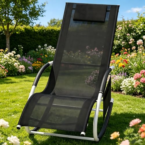 Suusolny Outdoor Schaukelliege, Relaxliege mit Seitentasche, Wasserdicht & UV-beständig, bis 150 kg Belastbar, Schwarz, ideal für Garten, Strand & Büroliege