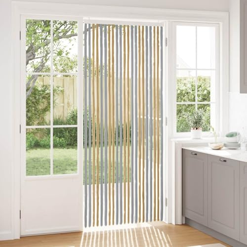 Kaloriko Rideau Anti Insectes en Chenille Gris et Beige 90 x 220 cm en Polypropylene, pour Porte d Entree Interieur Exterieur, Aeration Naturelle, Fixation Facile avec Crochets