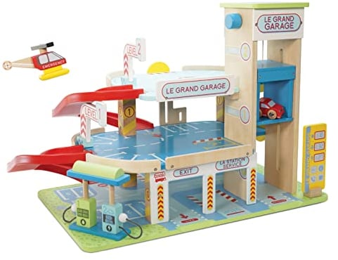 Le Toy Van - Iconic Wooden 3 Storey Le Grand Garage Toy Car Play Set - Set 7 Pieces | Play Vehicle Role Play Toys for Age 3+