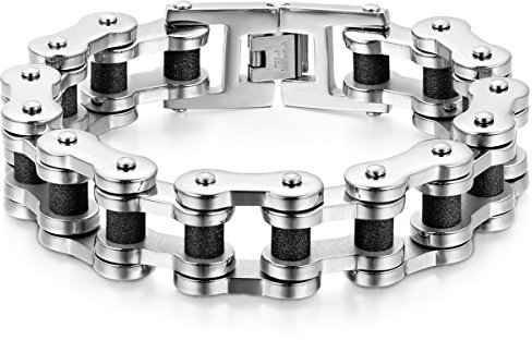 JewelryWe Schmuck Herren Armband, Gebürstet Poliert Fahrradkette Biker Link, Edelstahl, Schwarz Silber