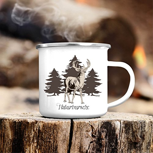 Wandtattoo-Loft Campingbecher „Naturbursche“ mit Hirsch und Bergen Emaille Tasse/Becher mit Motiv/silberner Tassenrand