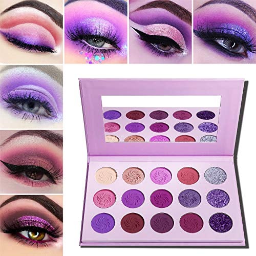 Afflano Make-up Paletten Lidschatten Matt Glitzer, Hochpigmentierte Lila Lidschatten Palette für Mädchen Frauen, Glitter Schimmer Rosa Lila Silber Violett Purple Eyeshadow Palette 15 Farbe