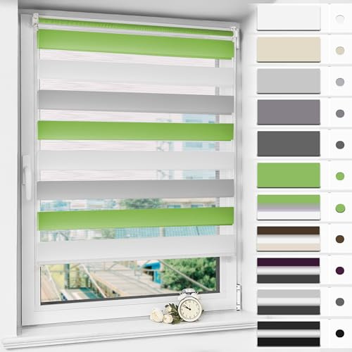 Magiea Doppelrollo Klemmfix ohne Bohren & mit Bohren, Grün-grau-weiß B75 x H120 cm Stoffbreite 71 cm, Klemmrollo lichtdurchlässig und Blickdicht, Fensterrollo Sonnenschutzrollo für Fenster
