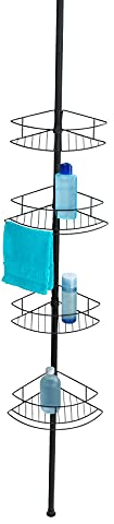 WENKO Teleskop-Eckregal Dolcedo Schwarz matt, klemmbares Badregal mit 4 Ablagen für Shampoo, Duschgel & Co., platzsparendes höhenverstellbares Duschregal aus rostfreiem Edelstahl, 31 x 65-275 x 23 cm