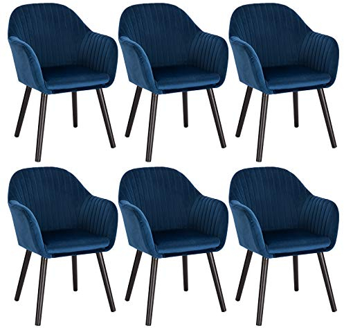 WOLTU Esszimmerstühle 6er Set Küchenstuhl Wohnzimmerstuhl Polsterstuhl Design Stuhl mit Armlehne Samt Massivholz Schwarze Beine Blau BH259bl-6