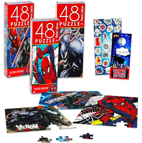 Marvel Spiderman-Puzzle für Kinder, Spiderman-Aktivitätsset, 3er-Pack, Spiderman-Puzzle, je 48 Teile mit Spiderman-Aufklebern (Spiderman-Spielzeug für Jungen)