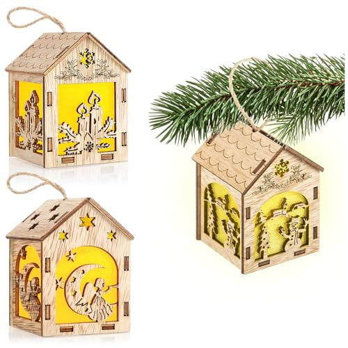 COM-FOUR® 3X LED Dekohänger Haus - Hängedeko mit winterlichen Holzhäusern - warmweiße LED-Lampen - dekorative LED-Christbaumanhänger (Haus - 3 Stück)