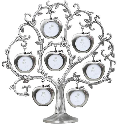 TRIXES Cadre photo arbre généalogique – Cadre multi-photos – Pommier avec 7 cadres suspendus amovibles – Argent – Métal – Cadeau de décoration d'intérieur sur pied