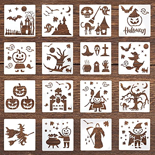 KINBOM 16pcs 15x15cm Pochoirs de Peinture Halloween, Pochoirs Modèle de Dessin en Plastique Réutilisables Motifs de Squelette Chauve Souris Fantôme pour Bricolage Bois Mur Fenêtre Artisanat