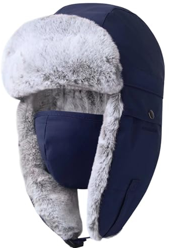 GADIEMKENSD Winter Trapper Hat for Women and Kids Warm Russian Ushanka for Men's Snow Ski Hunting Trooper Hat with Earflap Chin Strap Windproof Mask Faux Fur Aviator Warm Hat Cold Weather Cap Blue L