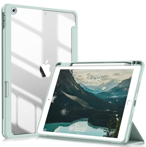 ZOYU Case for iPad 9th/8th/7th Generation 10.2 Inch 2021/2020/2019, Lightweight Trifold Smart Case with Pencil Holder, Shockproof Clear Transparent Back Shell Cover, Auto Sleep/Wake, Green