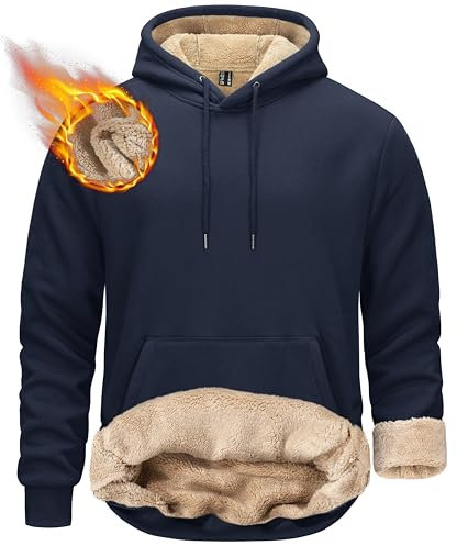 KEFITEVD Pull Capuche Thermique Sherpa Hiver pour Homme Manches Longues Sweat Capuche Coupe-Vent avec Grandes Poches,Bleu Marin,L