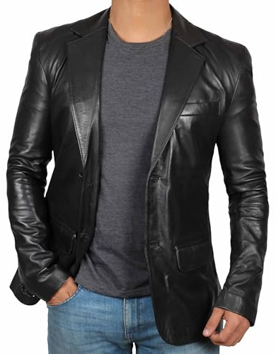 fjackets Lambskin Leather Jacket Men Casual Coat – Notched Collar Classic Style Ultimate Leather Blazer for Men - Black | [1500565], XL