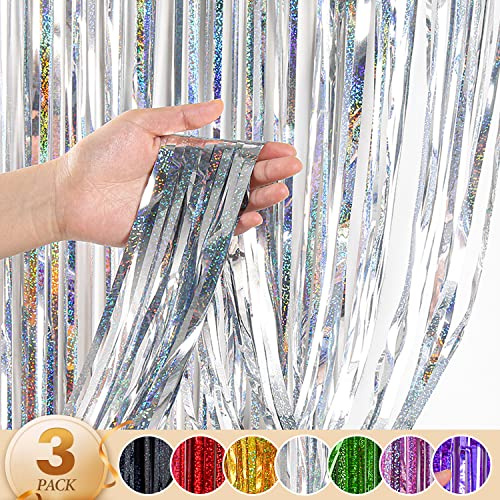 WenYa 3 Pack Silver Foil Tinsel Curtains, 3.3ft x 6.6ft Party Decorations | Glitter Fringe Rain Curtain Streamer, Photo Booth Backdrop for Wedding, Christmas, New Year, Birthday and Celebration Party