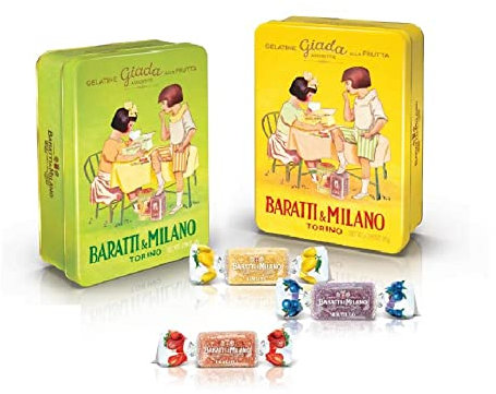 BARATTI & MILANO-CONFEZIONE REGALO-n.1 COPPIA DI SCATOLE IN LATTA DI CARAMELLE GELATINE ASSORTITE (MINI LATTA GIADA ASSORTITA 85 GR.)