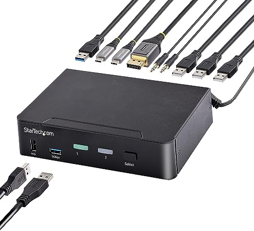 StarTech 2-Port USB-C KVM, Single 4K 60Hz DisplayPort, Thunderbolt, 3.5mm | Switch, Monitor, Hub, Hot, Switching, Ultrawide 5120x1440, Video or USB priority mode, Analogue & digital audio