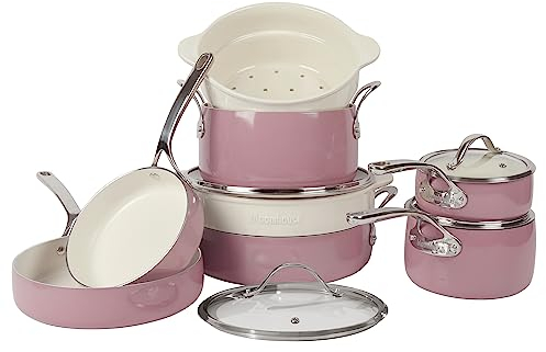 Bloomhouse 12 Piece Aluminum Pots and Pans Cookware Set w/Non-Toxic Ceramic Non-Stick, Ceramic Steamer Insert, & 12 Protective Care Bags - Pink Orchid