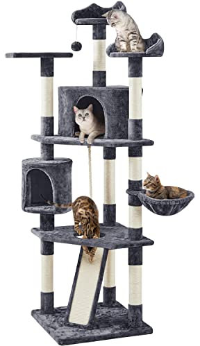 Yaheetech Cat Tree Tall, Multi Level Cat Tower for Indoor Cats, Large Cat Condo Sisal-Covered Scratching Posts Activity Centre Cat Furniture, 200cm, Dark Grey