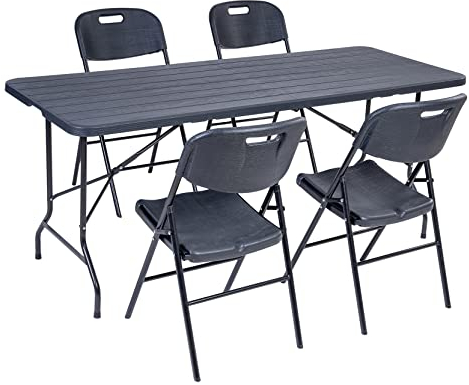 Hortan Set Tavolo Rettangolare Con 4 Sedie Pieghevoli Con Piano In Resina E Struttura Richiudibile Salvaspazio In Acciaio, Per Arredo Esterno, Interno, Giardino, Terrazzo e Campeggio