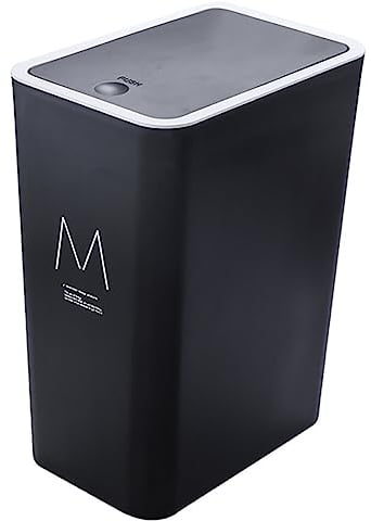 15L Trash Can with Lid, Plastic Garbage Can with Press Spring Cover, Modern Waste Basket Portable Dustbins Narrow Waste Bin for Kitchen Bedroom Bathroom Living Room Toilet Office (Black)