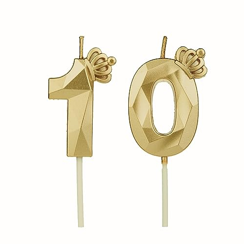 Geburtstagskerzen Zahlen 10 mit Krone,3D Kerzen Geburtstag für Kuchen geburtstagsdeko, Geburtstag Kerzen Zahlen, Geburtstagskerzen Kinder für Partys, Hochzeiten, Firmenfeiern, Jubiläen (Gold, #10)