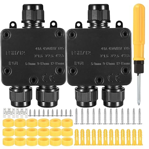 Abzweigdose Wasserdichte IP68, 2 Stk. Verteilerdose Außen, 3 Wege Verbindungsdose, PA9 Kabelverbinder für Garten Erdkabel Ø 4mm -15mm, Schwarz