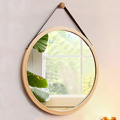 Hängender runder Wandspiegel im Badezimmer-Schlafzimmer, massiver Bambusrahmen, Verstellbarer Lederriemen, Holzrahmen-Wandspiegel, Badezimmerspiegel, runder Wandspiegel, 45 cm