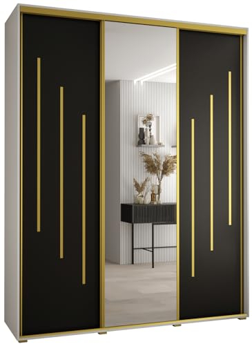 MEBLE KRYSPOL Davos 9 200 Schlafzimmerschrank mit DREI Schiebetüren - Moderner Aufbewahrungsschrank mit Spiegel, Kleiderstange und Regalen - 235,2x200x45 cm - Weiß Schwarz Gold