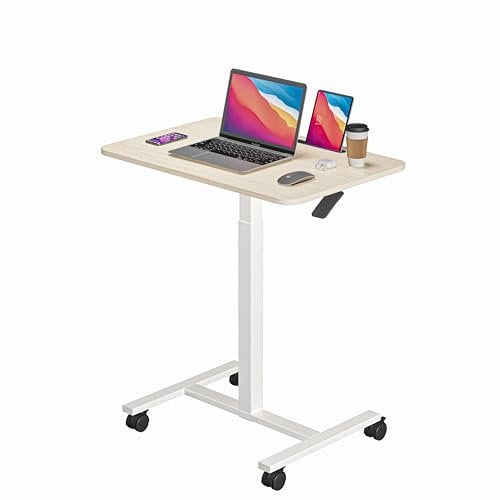 Dripex Mobile Standing Desk, 72 × 48 cm Small Height Adjustable Sit to Stand Laptop Desk, Rolling Compact Computer Desk on Wheels, Pneumatic Computer Workstation for Home Office(Oak)