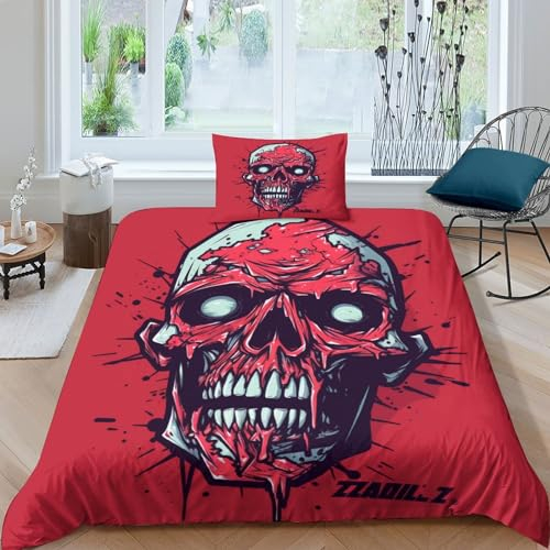ITOMEN Blutiger Schädel Bettwäschegarnitur Für Kinder Mädchen Jungen Bettbezug Set 3D Gedruckter Horror Und Kissenbezüge Bettwäsche Reissverschluss Weich Microfaser 2 Teilig Single(135x200cm)