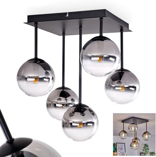 Deckenleuchte Chehalis, Deckenlampe aus Metall/Glas in Schwarz/Rauchfarben/Klar, Leuchte im Retro/Vintage-Design mit Schirmen aus Glas (Ø 12 cm), 5 x G9 LED, ohne Leuchtmittel