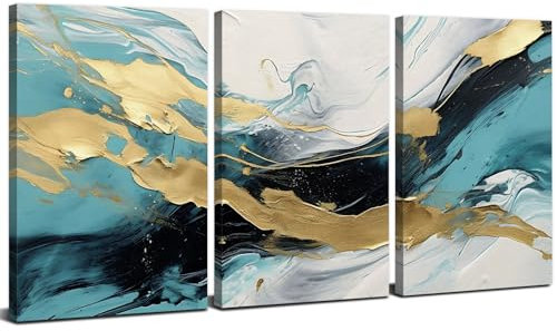 Teal Wall Art Prints Abstract Wall Art Vintage Decor Green and Gold Pictures for Bathroom Walls Nordic Marble Fluid Ink Painting Canvas Modern Family Artwork Living Room Bedroom Decorations 12x16 3P
