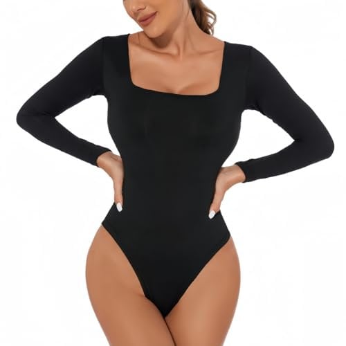 SamHeng Women's Long Sleeve Bodysuit Sexy Square Neck Casual Leotard Tops Thong Stretchy Basic Body Suit Slim Fit Jumpsuit Clubwear Underwear(Black/M)
