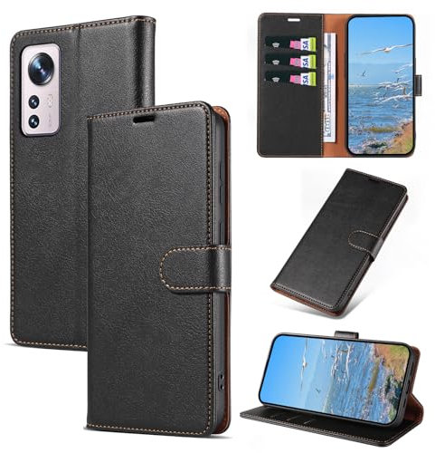 KKEIKO Handyhülle für Xiaomi 12 Pro/Xiaomi 12S Pro Hülle, Magnet Klappbar Handyhülle mit Kartenfach, PU Leder Stoßfest Schutzhülle für Xiaomi 12 Pro/Xiaomi 12S Pro, Schwarz